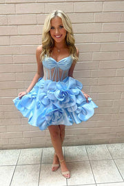 3D Floral Spaghetti Straps A-Line Sky Blue Satin Short Mini Homecoming Dress