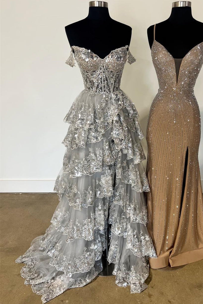 A-line Off Shoulder Sweetheart Sequin Lace Tulle Tiered Long Prom Dress, Slit