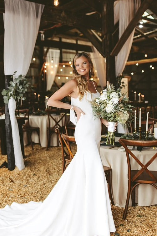 satin beach wedding dresses Mermaid Sleeveless Scoop Neck V Back Long Dress Little Black Dresses Asymmetrical neckline and long fit bm-beach Size:8 | US