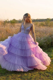 Straps Plunging Sleeveless Ruffle Tiered Cupcake Tulle Long Ball Gown, Beaded Lace
