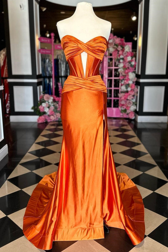 Vestido de Festa de Cetim Comprido com Cauda, Sem Alças, com Recortes, Fenda, Estilo Sereia