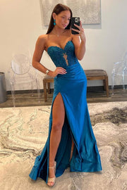 Strapless Sweetheart Beaded Purple Satin Floor Length Sweep Train Prom Dress, Slit