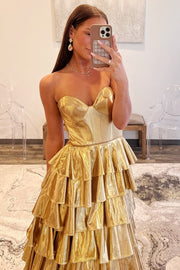 Metallic Corset Strapless Sweetheart Ruffle Tiered Floor Length Prom Dress