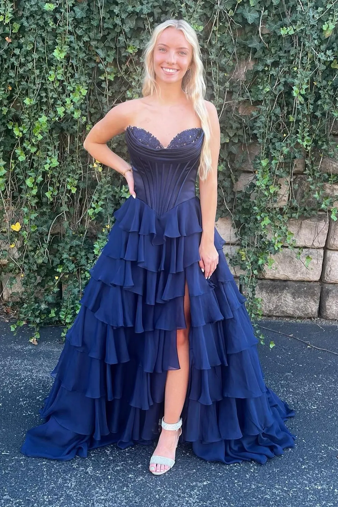 A-line Strapless Sweetheart Lilac Satin Chiffon Layered Long Prom Dress, Slit
