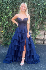 A-line Strapless Sweetheart Lilac Satin Chiffon Layered Long Prom Dress, Slit