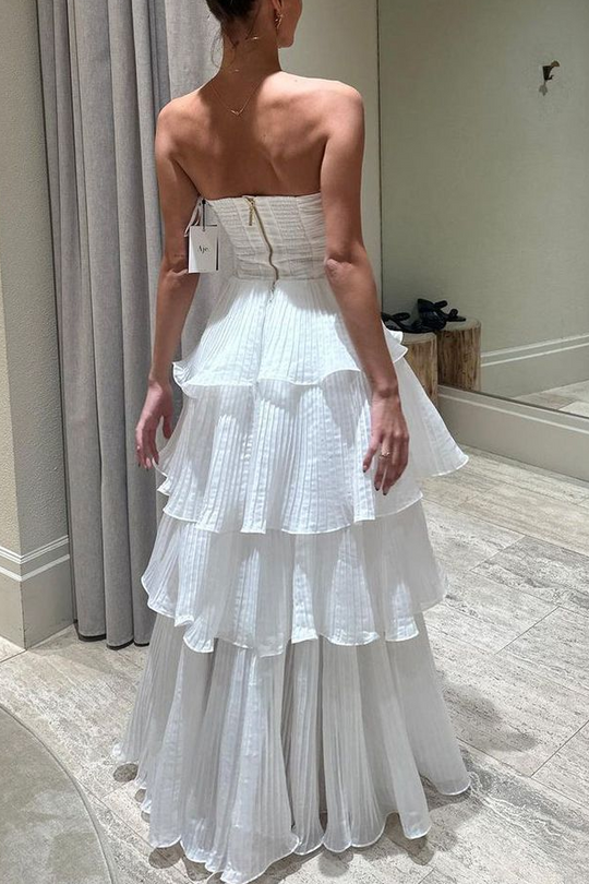 open lace back dress Strapless Tiered Straight Sleeveless Ruffles White Prom Formal Dress