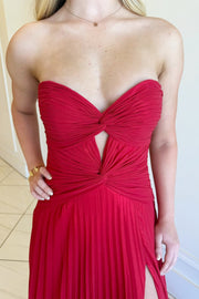 A-line Strapless Knot Cutout Pleats Mint Chiffon Sweep Train Prom Dress, Slit
