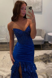 Mermaid Strapless V-Neck Pleated Layered Red Sequined Satin Prom Dress, Slit
