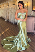 Mermaid Strapless Cut Out Satin Floor Length Sweep Train Prom Party Dress, Slit