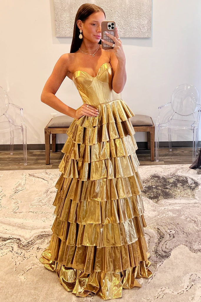 Metallic Corset Strapless Sweetheart Ruffle Tiered Floor Length Prom Dress