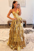 Metallic Corset Strapless Sweetheart Ruffle Tiered Floor Length Prom Dress