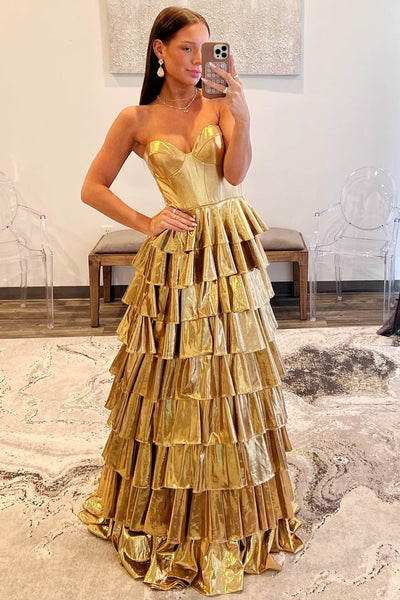 Metallic Corset Strapless Sweetheart Ruffle Tiered Floor Length Prom Dress