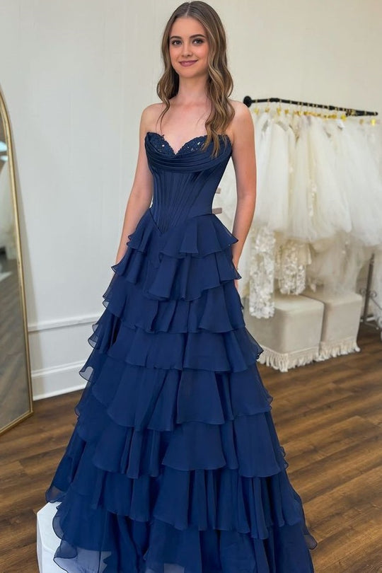 A-line Strapless Sweetheart Lilac Satin Chiffon Layered Long Prom Dress, Slit