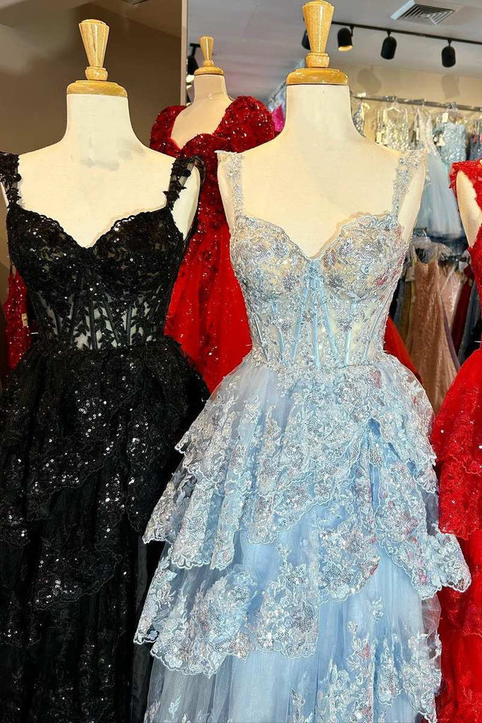 A-line Off Shoulder Sweetheart Sequin Lace Tulle Tiered Long Prom Dress, Slit