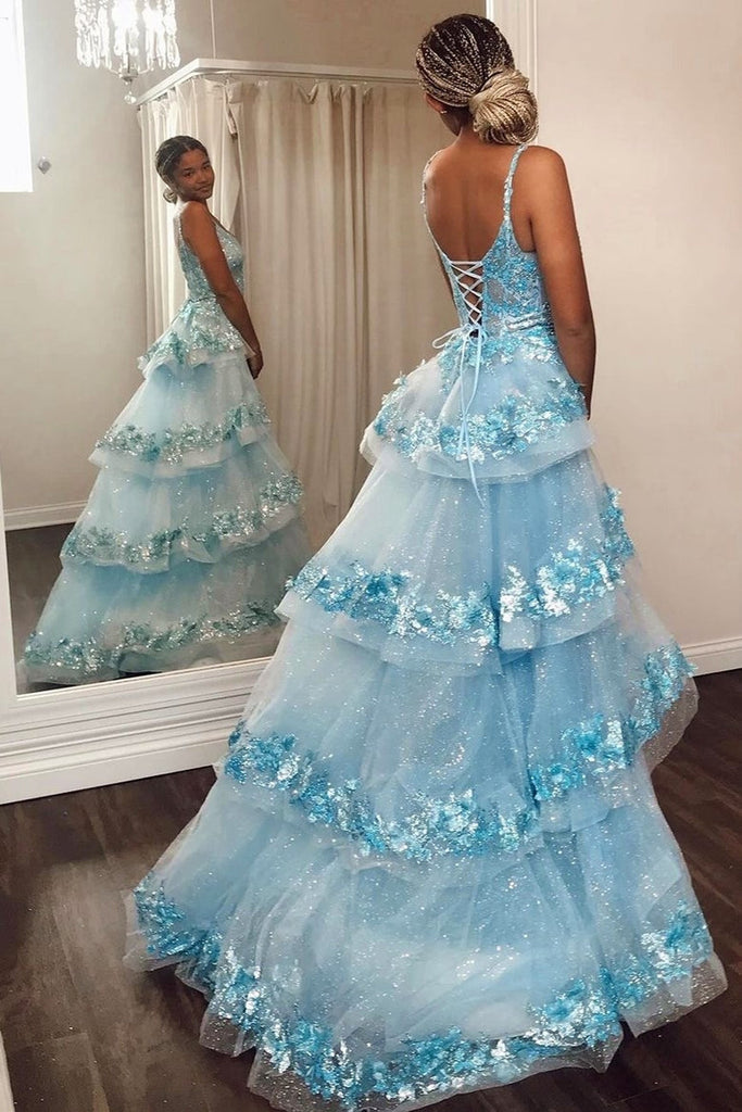 Mermaid Blue Sequin Lace V-Neck Organza Pageant Dress, Tiered Train