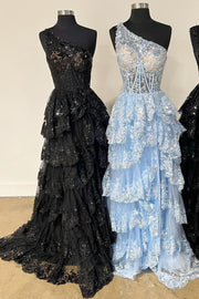 A-line Fuchsia One Shoulder Corset Lace Tulle Ruffled Tiered Prom Dress, Slit
