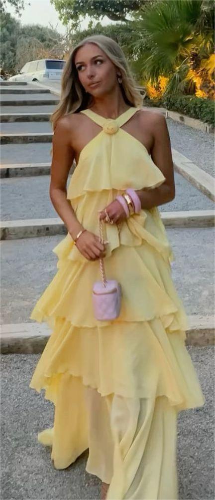 chiffon tiered halterneck maxi dress Tiered Chiffon Maxi Gown with Rosette Halter Neck