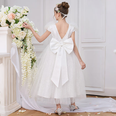 Robe de demoiselle d'honneur blanche en tulle à sequins avec dos en V et manches courtes Princess Fluffy, nœud