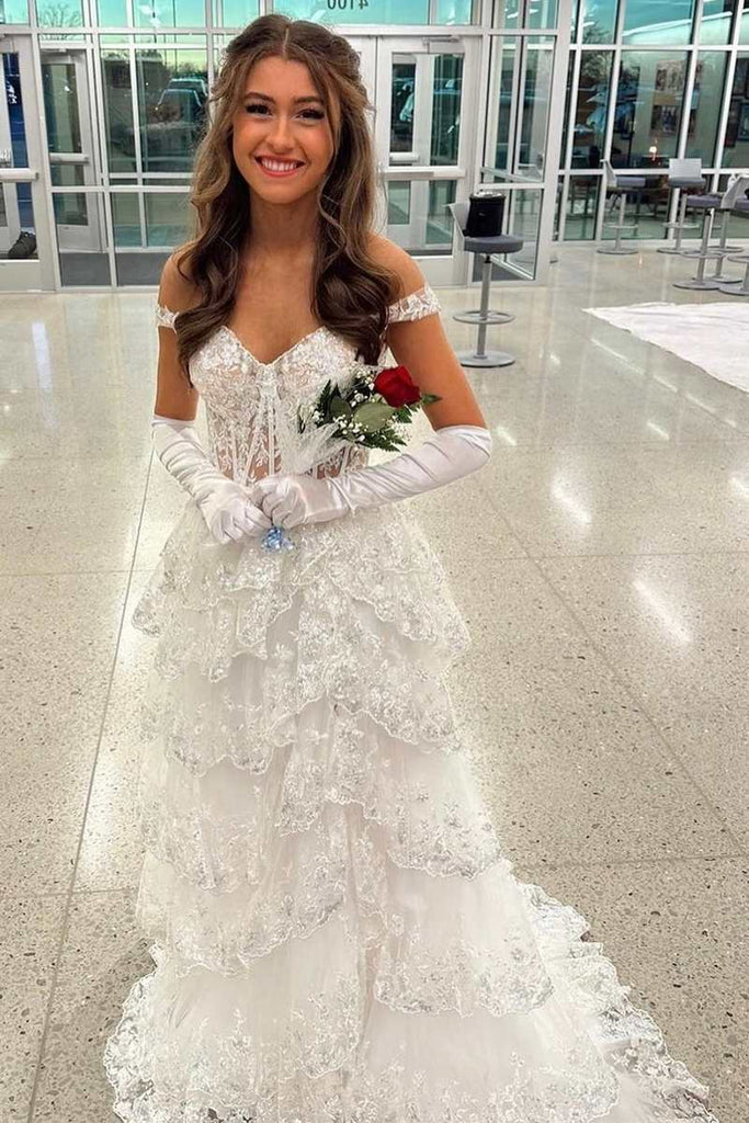 A-line Off Shoulder Sweetheart Sequin Lace Tulle Tiered Long Prom Dress, Slit