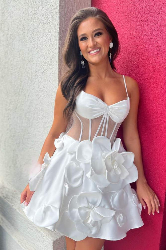 3D Floral Spaghetti Straps A-Line Sky Blue Satin Short Mini Homecoming Dress
