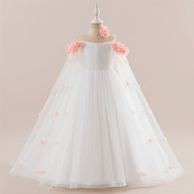Robe de fête formelle longue en tulle à épaules dénudées pour fille, manches en cape avec ceinture