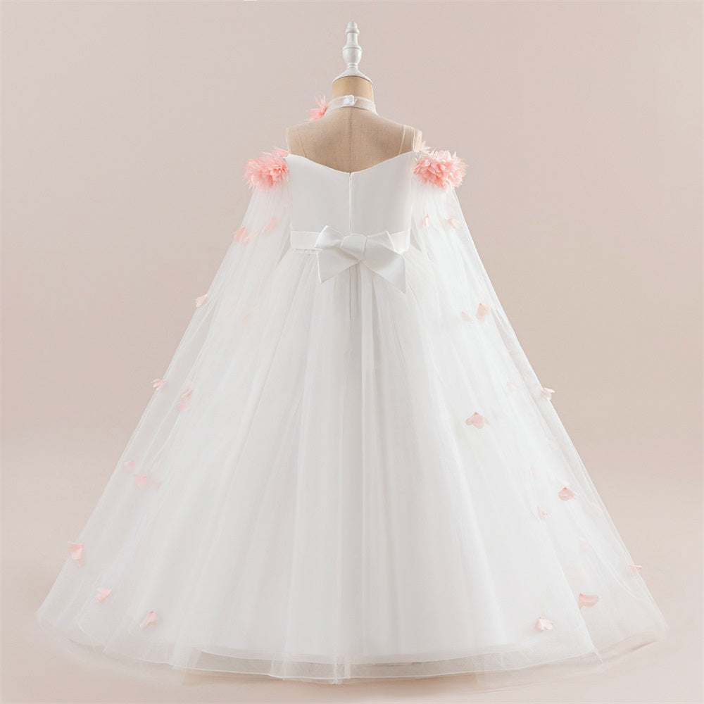 Abito da festa lungo formale per ragazza con spalle scoperte in tulle Princess Flowers, maniche a mantella con cintura