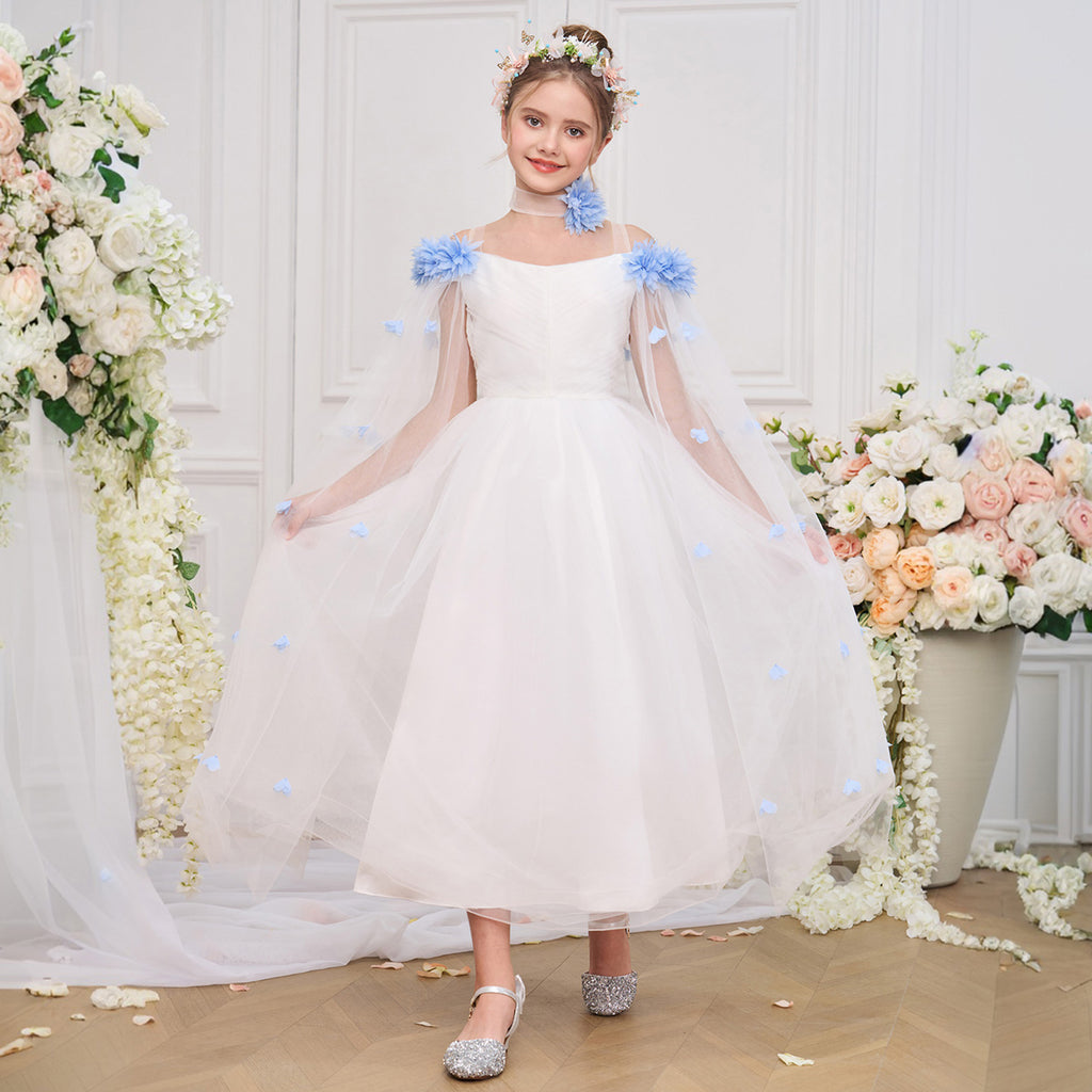 Abito da festa lungo formale per ragazza con spalle scoperte in tulle Princess Flowers, maniche a mantella con cintura