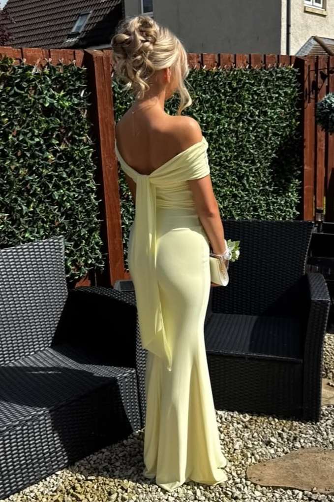 yellow off the shoulder prom dress Off-Shoulder Satin Pleated Sheath Long Formal Blooming Affair Floral Print dressing table design low price Ideal for prom nights Color:As Image