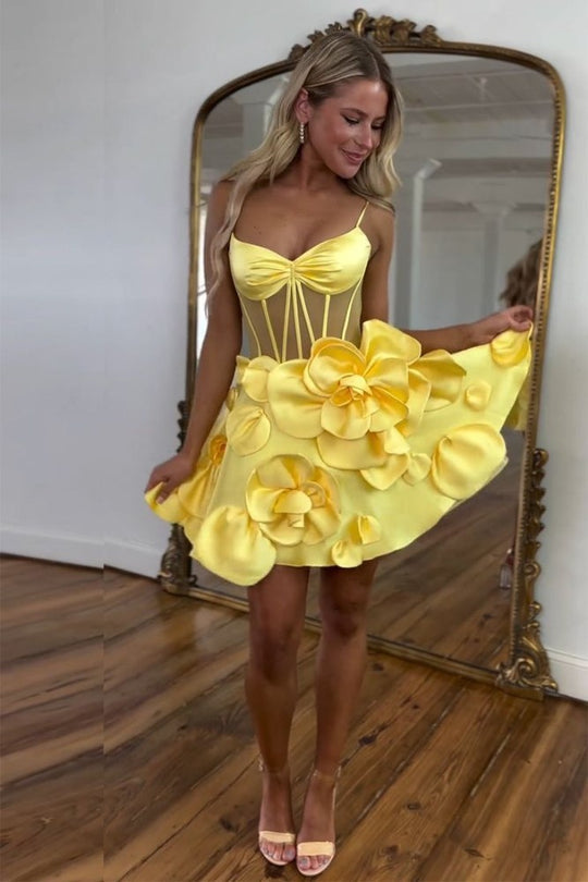 3D Floral Spaghetti Straps A-Line Sky Blue Satin Short Mini Homecoming Dress