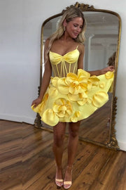 3D Floral Spaghetti Straps A-Line Sky Blue Satin Short Mini Homecoming Dress