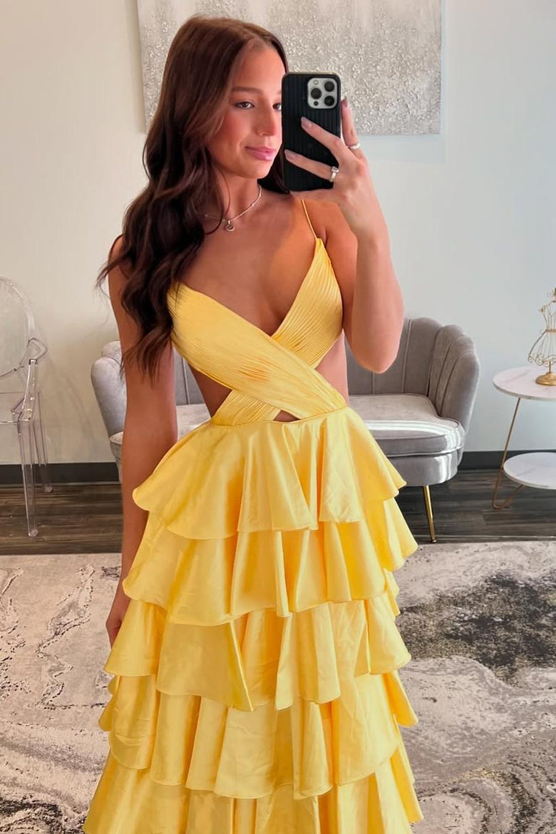 Spaghetti-straps V-neck Yellow Satin Prom Dress with Beaded Pockets OP738 main image 1