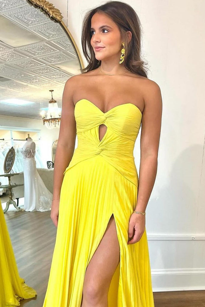 A-line Strapless Knot Cutout Pleats Mint Chiffon Sweep Train Prom Dress, Slit