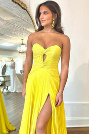A-line Strapless Knot Cutout Pleats Mint Chiffon Sweep Train Prom Dress, Slit
