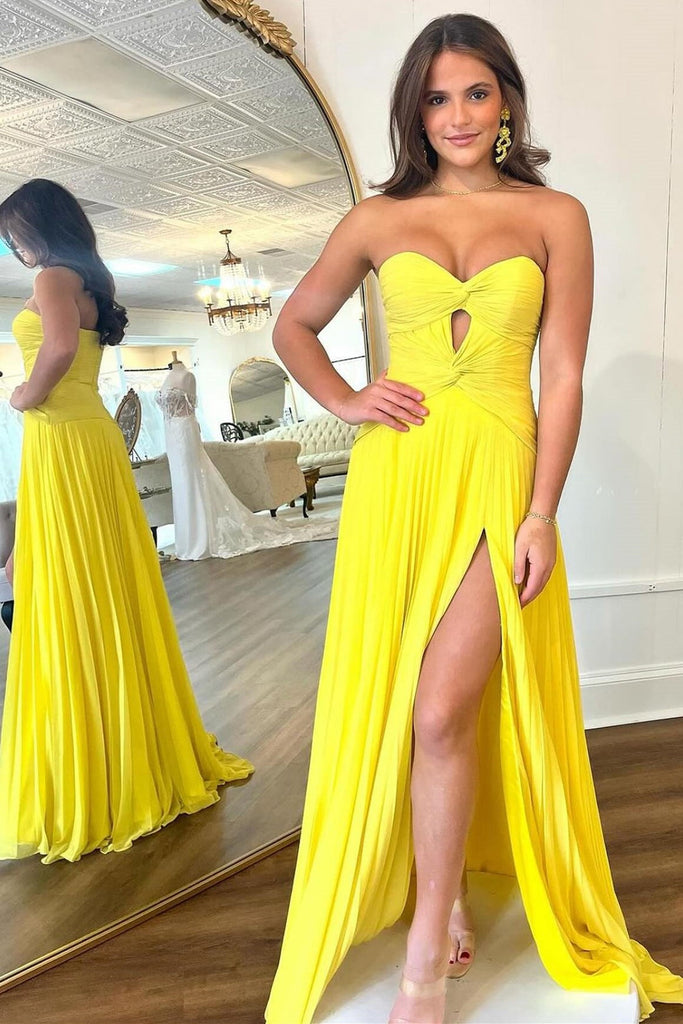 A-line Strapless Knot Cutout Pleats Mint Chiffon Sweep Train Prom Dress, Slit