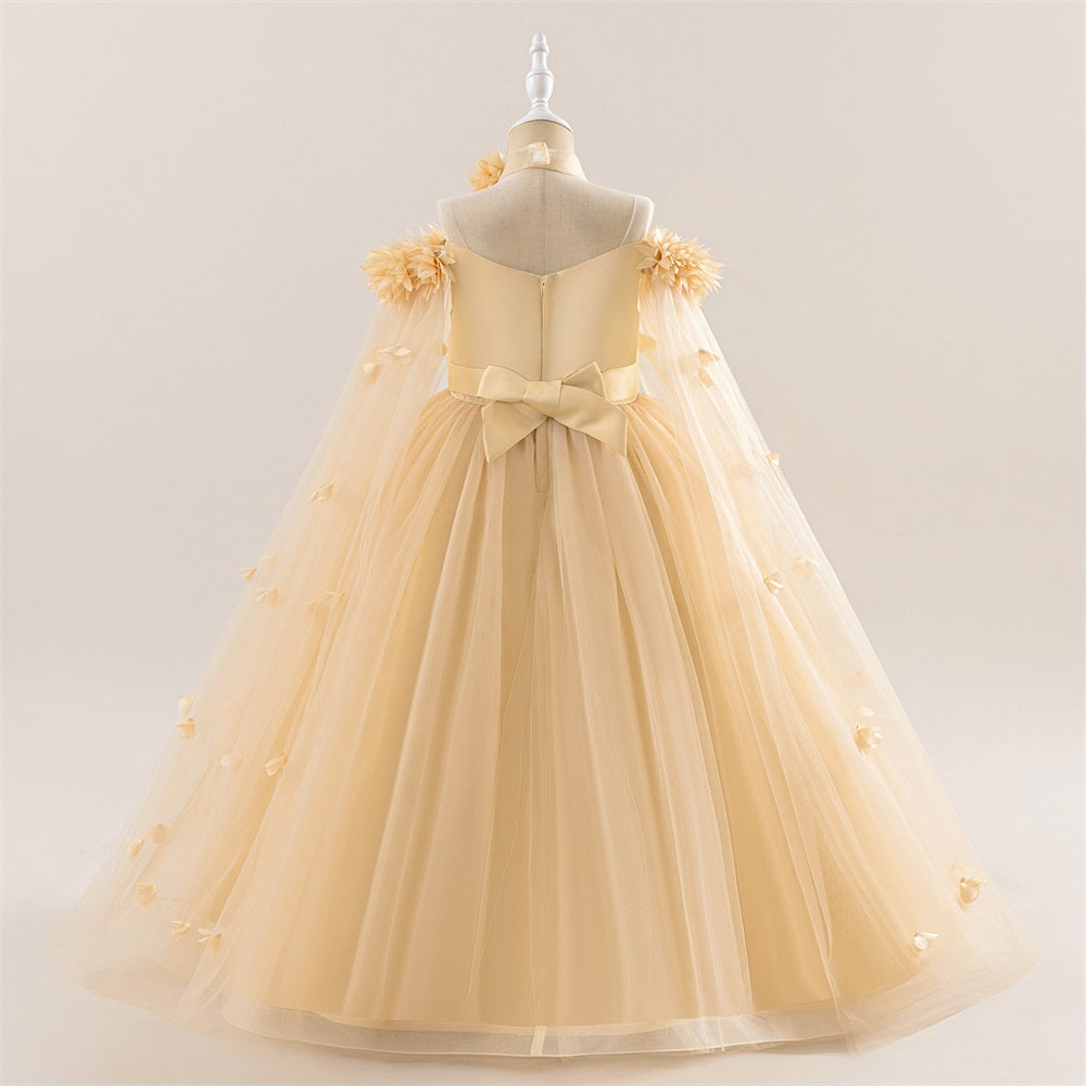Abito da festa lungo formale per ragazza con spalle scoperte in tulle Princess Flowers, maniche a mantella con cintura
