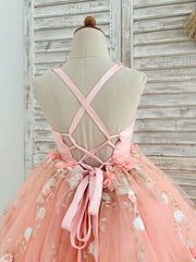 Robe de bal cœur en fleurs 3D perlées en tulle rose pour demoiselle d'honneur