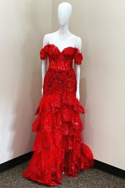 Off Shoulder Sequin Lace Tulle Tiered Long Sweep Train Prom Dress, Slit
