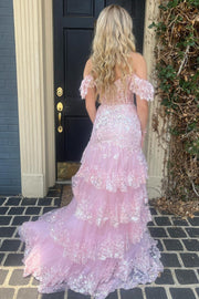 Off Shoulder Sequin Lace Tulle Tiered Long Sweep Train Prom Dress, Slit