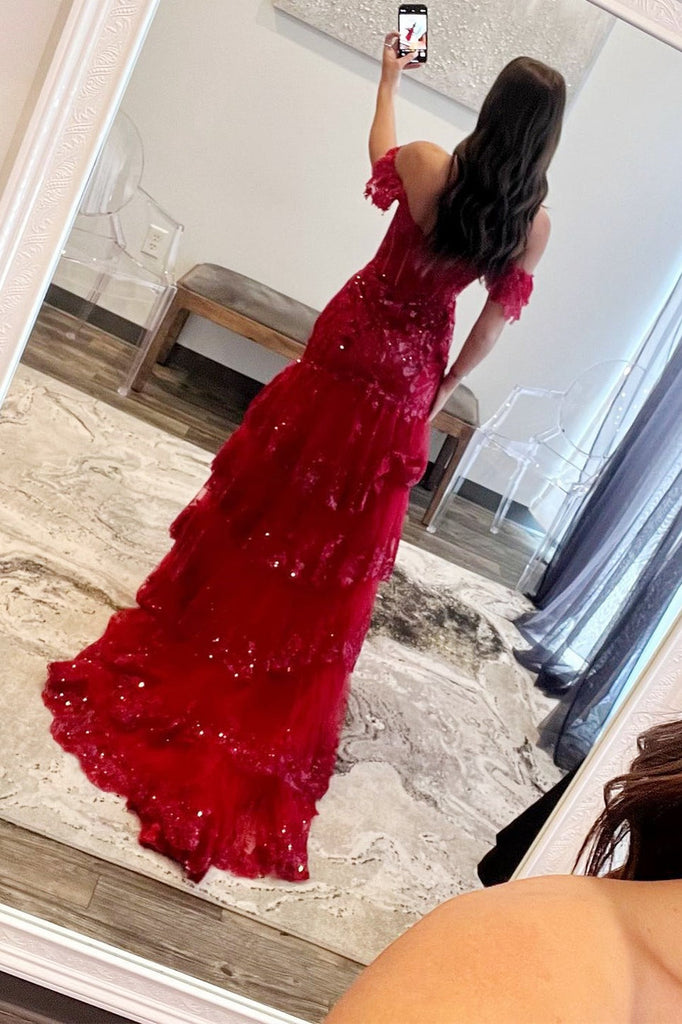Off Shoulder Sequin Lace Tulle Tiered Long Sweep Train Prom Dress, Slit