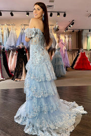 Off Shoulder Sequin Lace Tulle Tiered Long Sweep Train Prom Dress, Slit