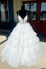Straps Plunging Sleeveless Ruffle Tiered Cupcake Tulle Long Ball Gown, Beaded Lace