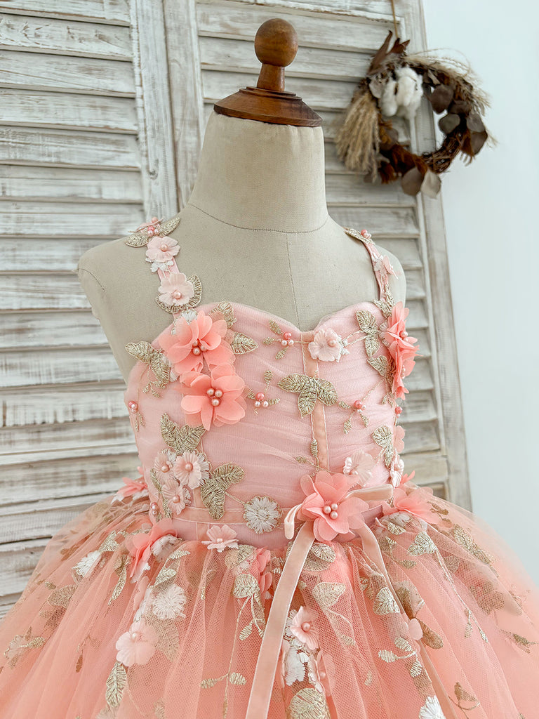 Robe de bal cœur en fleurs 3D perlées en tulle rose pour demoiselle d'honneur