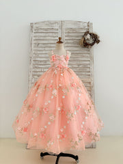 Robe de bal cœur en fleurs 3D perlées en tulle rose pour demoiselle d'honneur