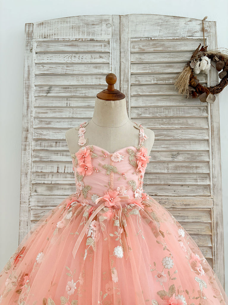 Robe de bal cœur en fleurs 3D perlées en tulle rose pour demoiselle d'honneur