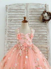 Robe de bal cœur en fleurs 3D perlées en tulle rose pour demoiselle d'honneur