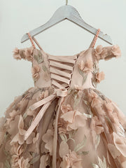 Robe longue de mariage en Tulle et dentelle rose, motif Floral 3D, robe de fille à fleurs, Couture