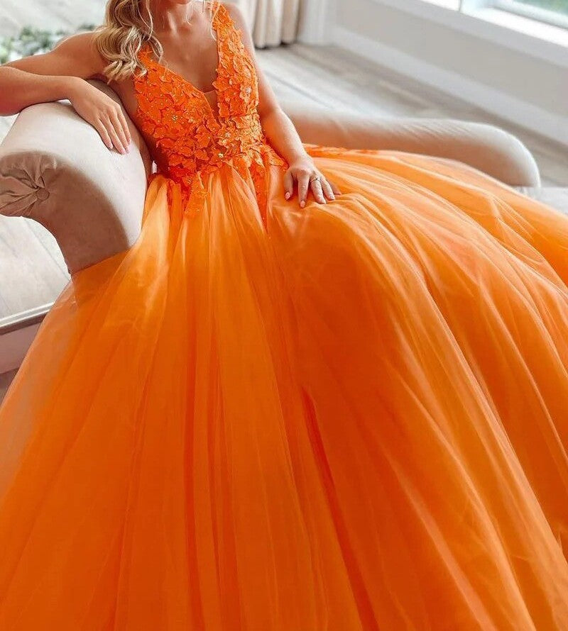 strapless open back dress Princess Plunging Sleeveless Floor-Length Tulle Ball Gown Prom Dress, Lace Beaded