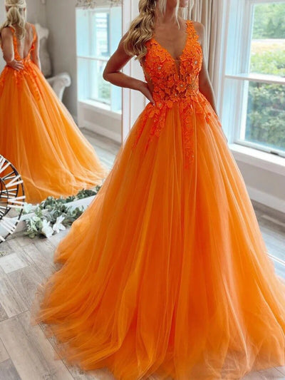 Prinzessin Plunge Ärmelloses Bodenlanges Tüll Ballkleid Abschlussballkleid, Spitzenperlen