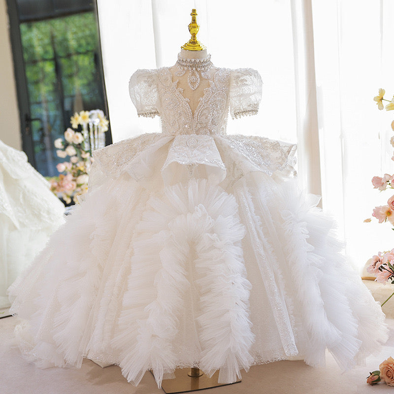 Flower Girls Dress Formal with Bow Sequin & Feathers A-line Tulle Princess Gown for Wedding