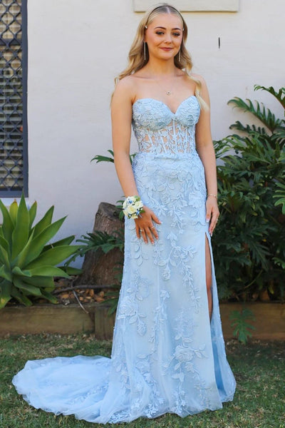 Mermaid Strapless Sweetheart Tulle Long Sweep Formal Party Prom Dress, Slit